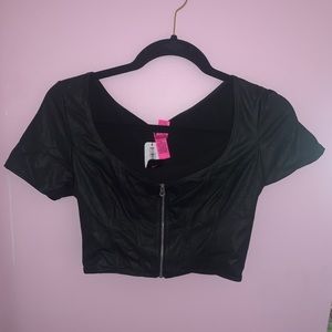 Faux-leather zipper crop top